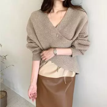 Повседневный женский свитер 2022, весенне-осенний пуловер с напуском и v-образным вырезом, трикотаж, дизайн, однотонный пуловер с длинными рукавами, свитер-топ One Size чёрный