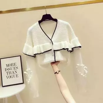 Повседневный женский свитер 2023, кардиган, милый уменьшающий возраст галстук-бабочка с деревянным воротником-ушанкой, кардиган с v-образным вырезом и длинными рукавами, женский свитер