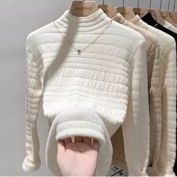 Повседневный женский свитер, осенне-зимний новый полувысокий воротник, бархатный вязаный свитер для женщин, модный длинный рукав, плюшевый теплый трикотажный топ 25226 One Size хаки