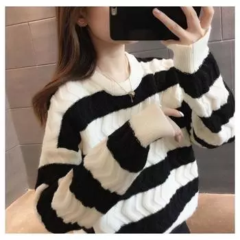 Повседневный женский трикотаж, пуловер с напуском, свитер в западную полоску, осенне-зимний свитер с круглым вырезом, женский пуловер One Size чёрный