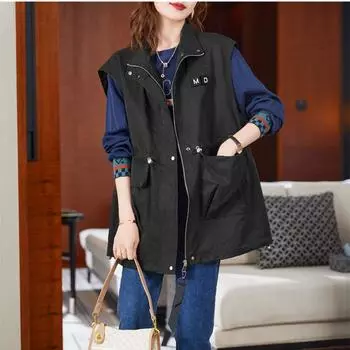 Повседневный женский жилет цвета хаки оверсайз подкладка без рукавов куртки весна лето молния базовый жилет женская верхняя одежда XXXL