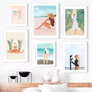 Поза дерева для йоги, скандинавский постер, Мальдивы, шляпа от солнца для серфинга, пляжная девушка, настенная живопись, холст, картина, домашний декор, фотографии для гостиной A4 21X30cm No Framed