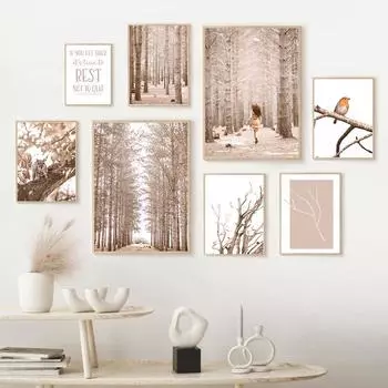 Поздний осенний лес, мертвое дерево, девушка, белка, птица, настенная живопись, холст, скандинавский постер, бежевые картины, декор гостиной 21x30cm No Framed