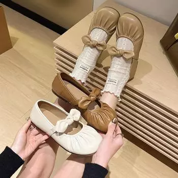 Поздний вечерний ветер плоская подошва одиночные туфли женские новинка 2025 года весна простые туфли Мэри Джейн маленькие кожаные туфли с бантом Doudou доска для обуви 35 абрикосовый
