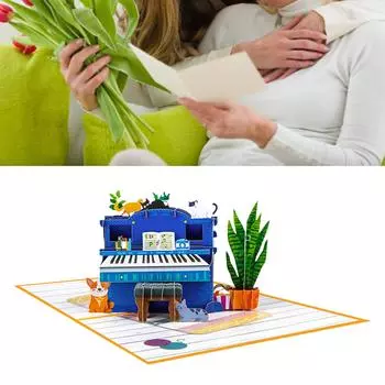 Поздравительная открытка ручной работы с синим пианино Стильная 3D-раскладная синяя пианино-открытка для художественного подарка и демонстрации