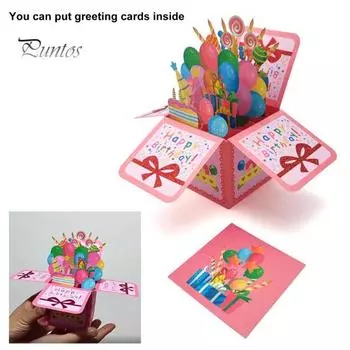 Поздравительная открытка с днем рождения с конвертом и поздравительной открыткой Милый торт со свечой и воздушным шаром Красочные открытки с благословением Креативная складная 3D коробка на день рождения розовый