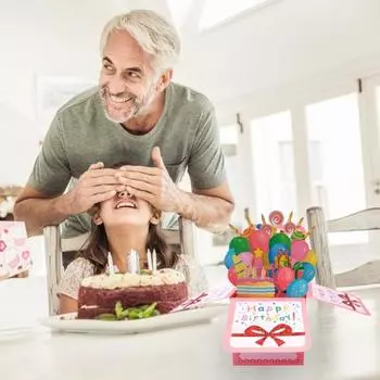 Поздравительная открытка с днем рождения с конвертом и поздравительной открыткой Милый торт со свечой и воздушным шаром Красочные открытки с благословением Креативная складная 3D коробка на день рождения розовый