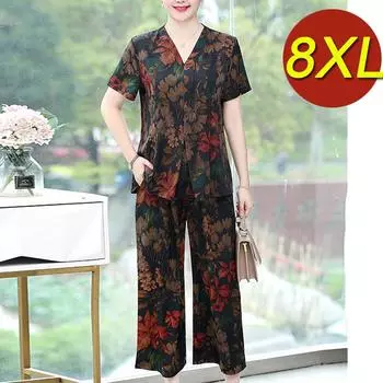 Пожилые женщины в возрасте 60-70 лет в летнем костюме из двух частей, летняя бабушка 8XL