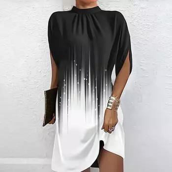 Позиционирование Цветок с круглым вырезом и рукавами Цветные блоки Платье Свободная талия Юбка-трапеция L