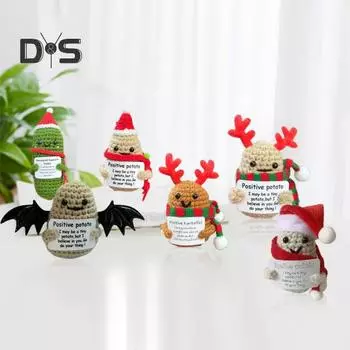 Позитивная рождественская кукла крючком с вдохновляющей открыткой, эмоциональная поддержка, ручная вязка, шапка Санты, украшение в виде картофельного огурца, снятие стресса D