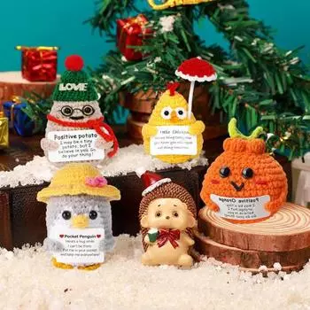 Позитивная рождественская кукла-вязаный крючком картофель с вдохновляющей открыткой, эмоциональная поддержка, ручная вязка, шапка Санты, картофель, оранжевый пингвин, украшение в виде цыпленка