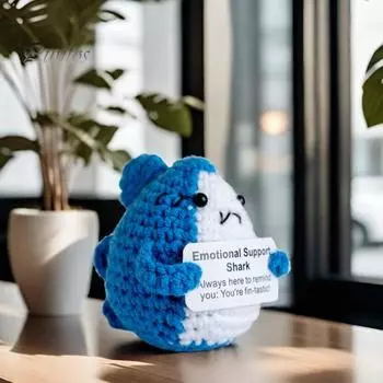 Позитивная вязаная крючком кукла-акула с поощрительной открыткой, эмоциональная поддержка, ручная вязка, украшение в виде морского животного, игрушка для снятия стресса синий