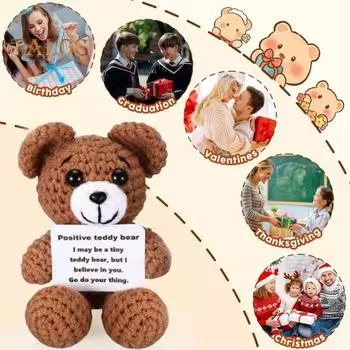 Позитивная вязаная кукла-медведь. Позитивный медведь ручной работы с поощрительной открыткой. Эмоционально воодушевляющий поддерживающий медведь-компаньон для женщин, девочек, мальчиков. коричневый
