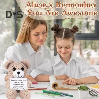 Позитивная вязаная кукла-медведь. Позитивный медведь ручной работы с поощрительной открыткой. Эмоционально воодушевляющий поддерживающий медведь-компаньон для женщин, девочек, мальчиков. хаки