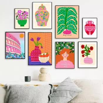 Позитивность Добрая девушка Цитата Плакаты Художественные принты Абстрактные розовые цветы Картина на холсте Красочные Бохо Гостиная Домашний декор Картины 21x30cm No Framed