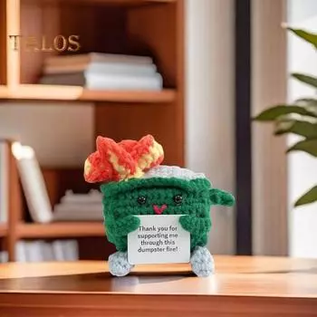 Позитивный крючком мусорный контейнер с пламенем и вдохновляющей открыткой, эмоциональная поддержка, ручная работа, вязание, мусорный контейнер, кукла, украшение оранжевый