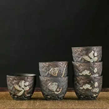 Позолоченная чайная чашка Грубая керамическая чайная чашка Керамическая китайская старинная чайная лампа Чашка мастера дзен 1PCS