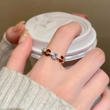 Позолоченное циркониевое кольцо с замком для женщин – элегантное украшение на указательный палец Real Gold Plating синий/красный