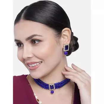 Позолоченное индийское традиционное ожерелье-колье с жемчугом и бисером, комплект украшений для женщин синий