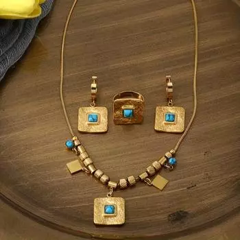 Позолоченное ожерелье, серьги и кольцо из нержавеющей стали с регулируемым геометрическим дизайном — идеально для свадеб и годовщин золотой