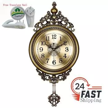 Позолоченные 3D старинные настенные часы, бесшумные маятниковые часы, кварцевые часы, спальня, гостиная, роскошь, домашний декор 20 inch