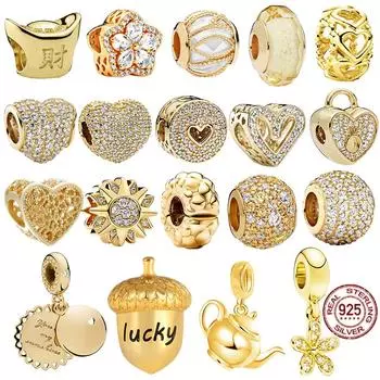 Позолоченные бусины из стерлингового серебра S925, сверкающие снежинки и сердечки в форме паве, подходят для оригинального браслета, ювелирные изделия, подарок