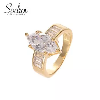 Позолоченные кольца SODROV с большим прозрачным цирконом 6 золотой