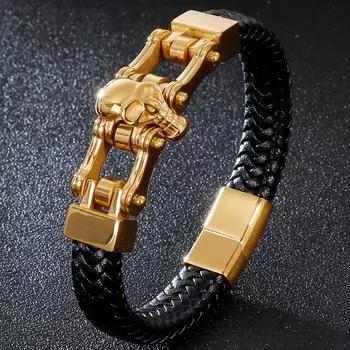 Позолоченные мужские кожаные браслеты с черепом из нержавеющей стали, мужской браслет из воловьей кожи 12 мм, браслет-цепочка 21cm