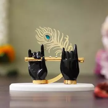 Позолоченные руки Кришны с флейтой, фигурка для комнаты для пуджи, флейта с павлиньим пером, Кришна, предмет интерьера для дома