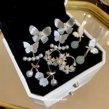 Позолоченные серьги-бабочки с жемчугом кошачий глаз: Серебряные украшения в французском эстетическом стиле Silver Needle