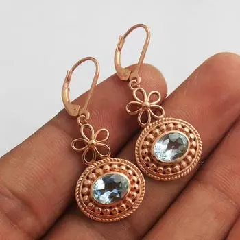 Позолоченные серьги с голубым топазом и замком из розового золота, стерлинговое серебро 925 пробы, камень декабря, женские ювелирные изделия розового золота