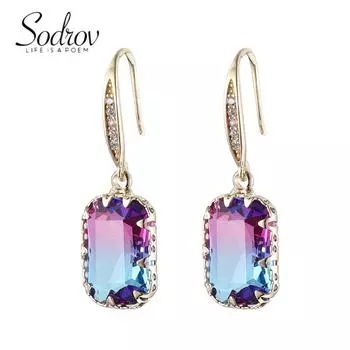 Позолоченные женские серьги SODROV с фиолетовыми кристаллами и цирконием
