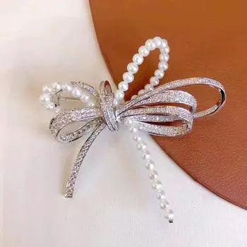 Позолоченный цирконовый бант и жемчужная брошь для корсажа своими руками