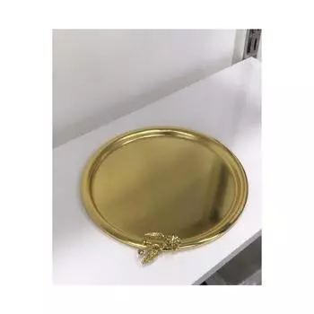 Позолоченный круглый одинарный поднос с японскими розами, плоская модель Lux