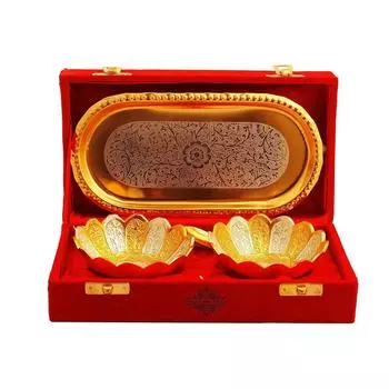 Позолоченный Полированный Набор Цветочных Пиал с 2 Ложками и 1 Подносом, Сервиз на 2 персоны, Праздничные Подарки