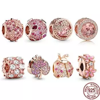 Позолоченный розовый Pav Daisy Flower Charm Шарм из стерлингового серебра 925 пробы, подходящий темпераментному модному браслету, ожерелье, ювелирные изделия, женский подарок