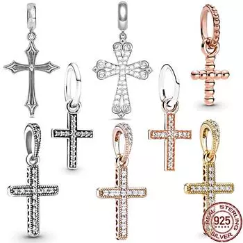Позолоченный сверкающий кулон с крестом Иисуса, подвеска с цирконами и камнями, бусина, подходит для оригинального модного браслета, серебро 925, ювелирные изделия своими руками, подарок