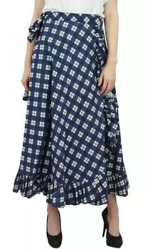 Pphagun Хлопковая женская юбка с запахом и поясом в клетку с оборками и принтом в клетку-синий One Size темно-синий