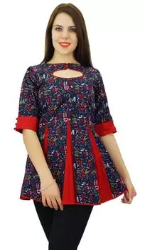 Pphagun Женщины Алфавит Печати Курта 3 4 Рукав Топ Короткая Курти Хлопок Одежда 10 темно-синий