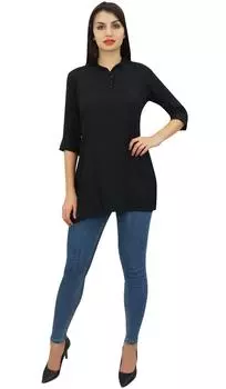 Pphagun Женская черная хлопковая модальная блуза на пуговицах с рукавами 3 4, топ-рубашка - 10 чёрный