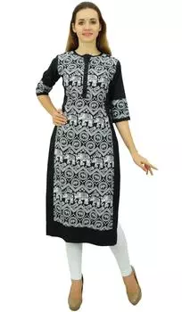 Pphagun Женская дизайнерская прямая черная куртка Kurta 3 4 рукава с принтом повседневная 10 чёрный