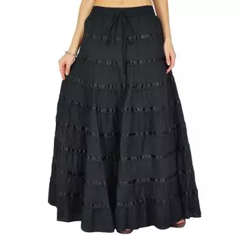 Pphagun Женская Хлопковая Длинная Юбка 9 Панелей Полная Круглая Юбка Макси Лето 10 чёрный