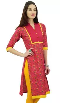 Pphagun Женская хлопковая туника с принтом 3 4 рукава Розовая прямая индийская курти - 10 розовый