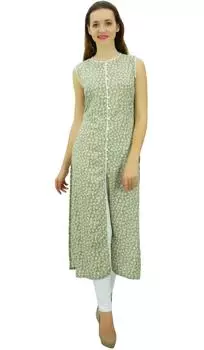 Pphagun Женская хлопковая туника с принтом без рукавов Зеленая куртка с вырезом спереди 10 оливковое зеленый