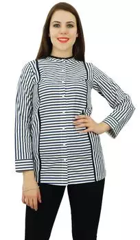 Pphagun Женская рубашка в полоску с принтом на пуговицах и длинным рукавом из хлопка 14 чёрный