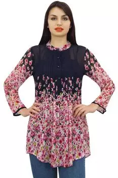 Pphagun Женские синие повседневные защипы с длинными рукавами и цветочным принтом с цифровым принтом 10 темно-синий