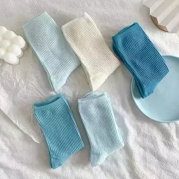 Пять пар синих носков, женских чулок для студентов, Джокер, однотонные вертикальные полосы.