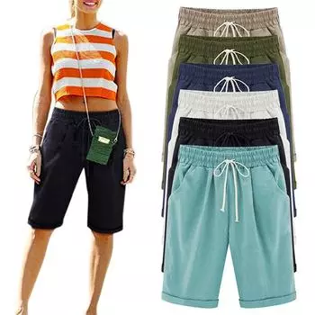 Пятидлинные брюки, элегантные женские повседневные брюки с эластичной резинкой на талии, большие размеры, женские бандажные свободные шорты S белый