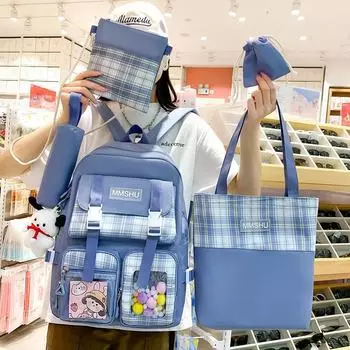 Пятикомпонентный рюкзак в стиле Харадзюку с цветовыми блоками для девочек – вместительный, модный школьный ранец для учеников средних и младших классов Add $2 for pendant or contact customer service зелёный