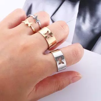 Пятиконечная звезда Полый дельфин Aolly Открытые кольца Комплект бантов Модные украшения Бабочка Парные кольца silver-bow